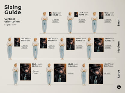 Sizing guide for vertical orientation canvas and poster prints. Available in small medium and large sizes. The detailed chimp face artwork is perfect for any space. Stylish monkey with hat art to enhance your space. Elevate any space today.