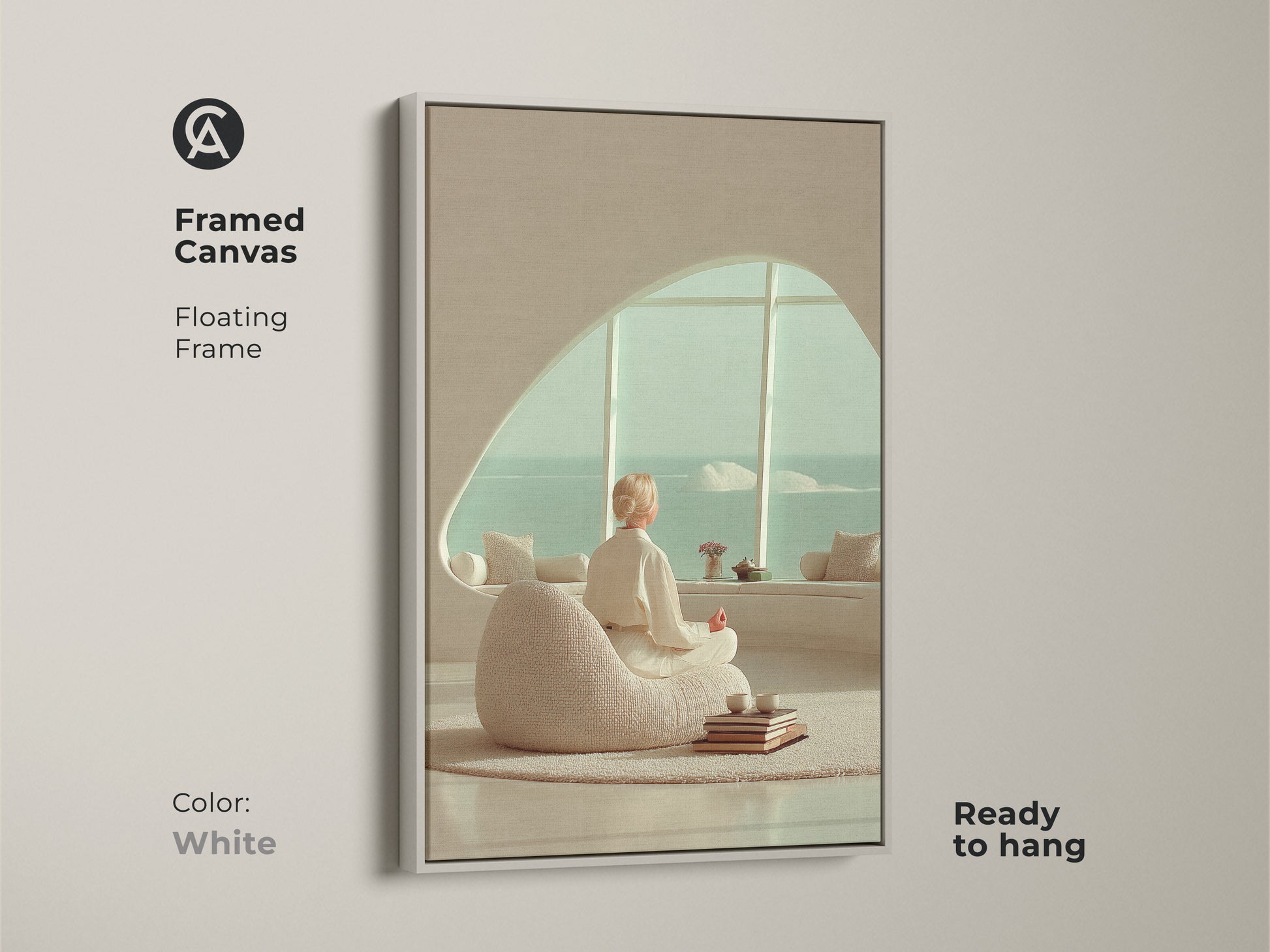 White framed canvas of a minimalist woman meditating with a zen ocean view. The yoga wall art canvas is Scandinavian decor. The perfect mindful living room wall decor print.