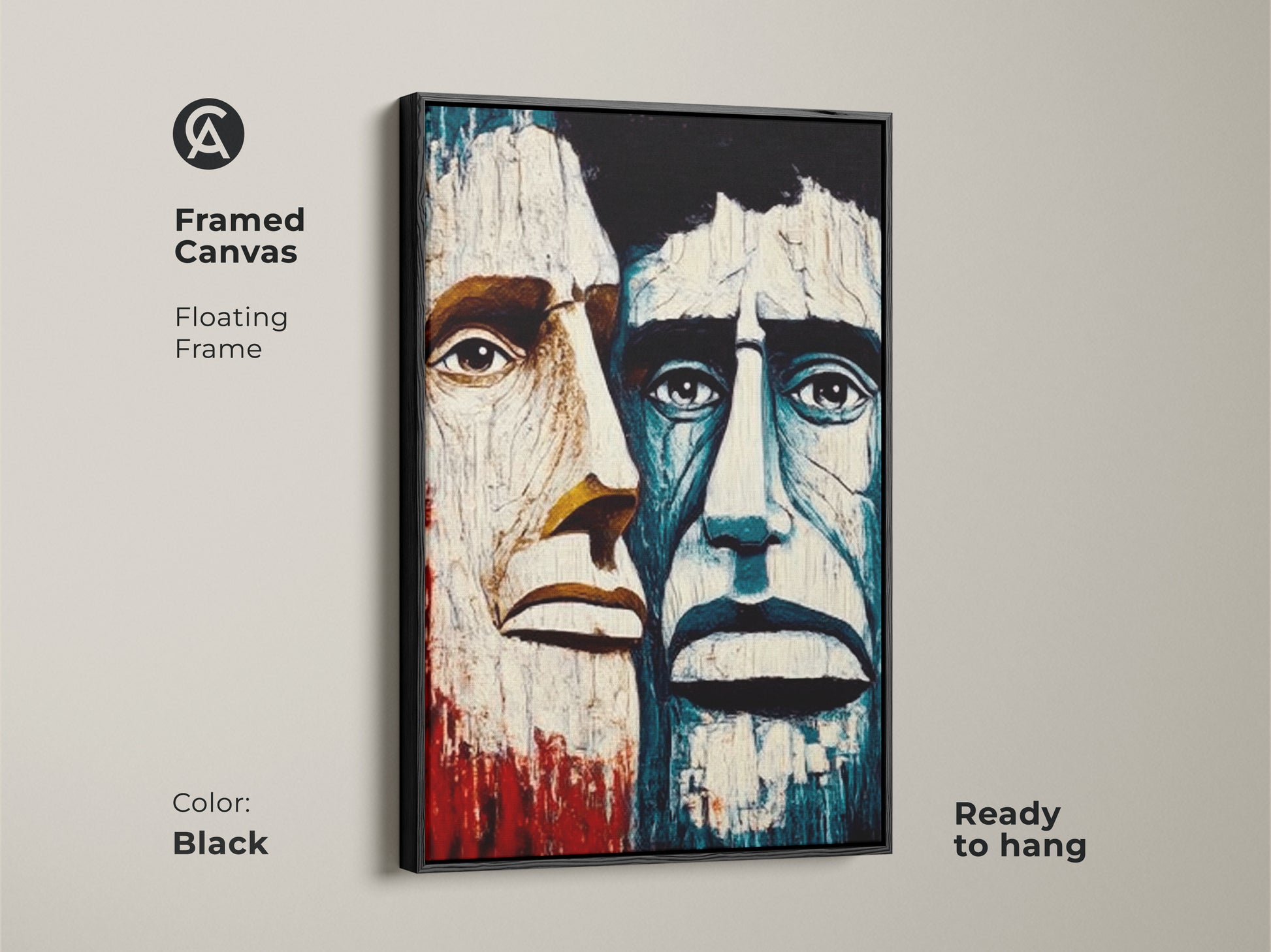 Black framed canvas of abstract men portrait. Crimson blue expressionism wall art is ready to hang. Floating frame enhances this eclectic home decor. Perfect for study room wall art or office workplace art. This artwork adds a touch of sophistication.