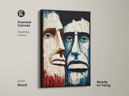 Black framed canvas of abstract men portrait. Crimson blue expressionism wall art is ready to hang. Floating frame enhances this eclectic home decor. Perfect for study room wall art or office workplace art. This artwork adds a touch of sophistication.