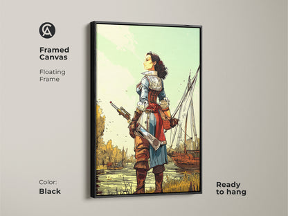 Framed Canvas featuring a Female Pirate Captain with Sailing Ship. The floating frame is in black. Ready to hang nautical adventure artwork for any space. It blends comic style art and historical themes. Perfect seafaring artwork for offices seeking unique adventure art.