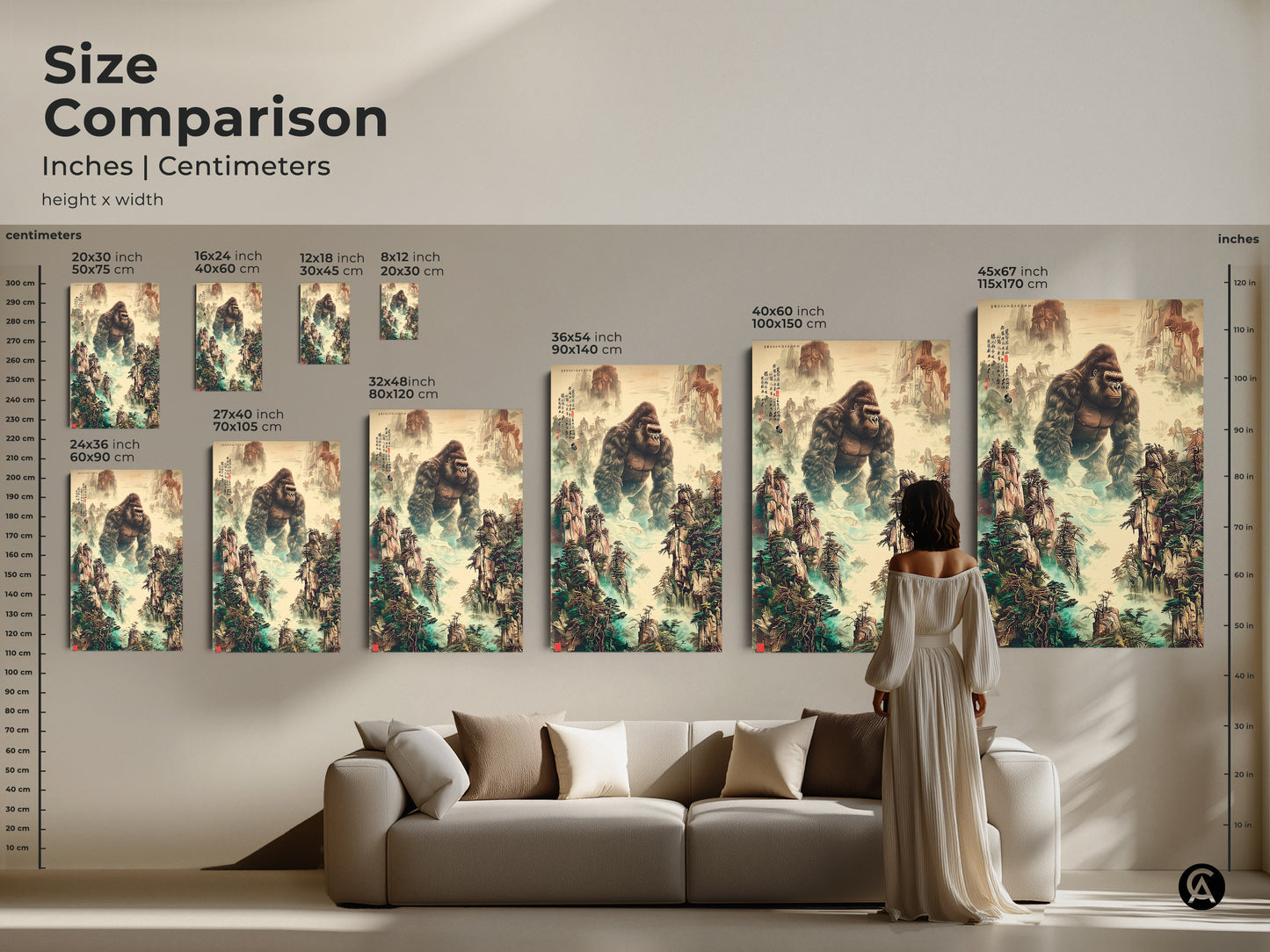 A size comparison shows the art in inches and centimeters. The traditional Chinese art is of a gorilla in a mountain landscape. It's a wildlife gift with earth tones and deep greens. It's perfect for eclectic home decor. The ink wash painting print adds a touch of nature.
