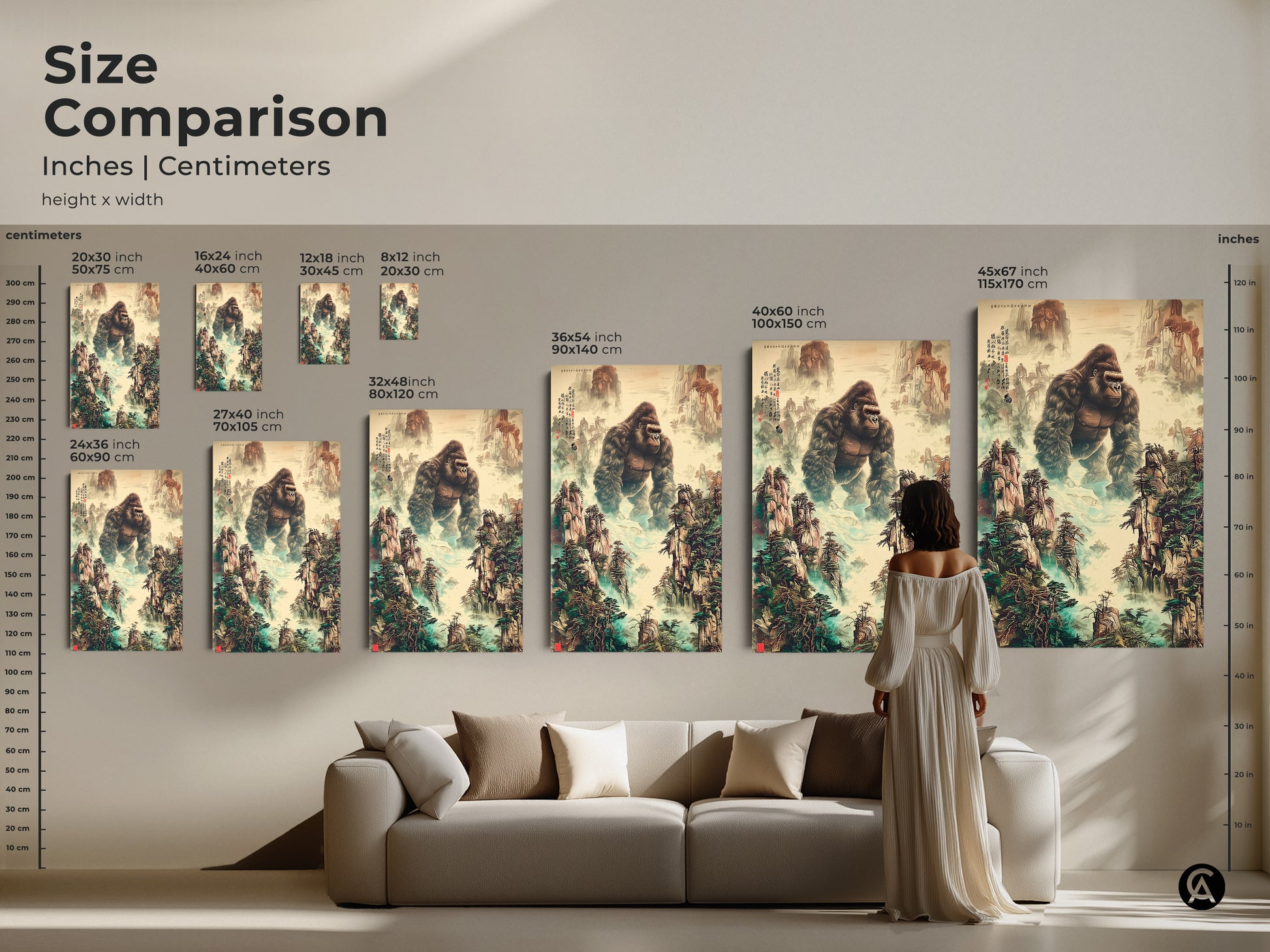 A size comparison shows the art in inches and centimeters. The traditional Chinese art is of a gorilla in a mountain landscape. It's a wildlife gift with earth tones and deep greens. It's perfect for eclectic home decor. The ink wash painting print adds a touch of nature.