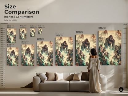 A size comparison shows the art in inches and centimeters. The traditional Chinese art is of a gorilla in a mountain landscape. It's a wildlife gift with earth tones and deep greens. It's perfect for eclectic home decor. The ink wash painting print adds a touch of nature.