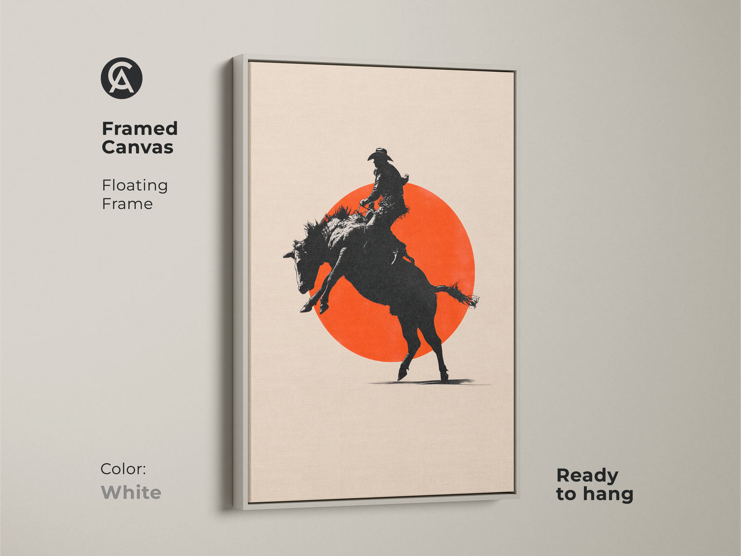 A framed canvas art print of a cowboy riding a bucking horse. The white floating frame is ready to hang. This minimalist western art suits any space. Perfect for a modern farmhouse or man cave.