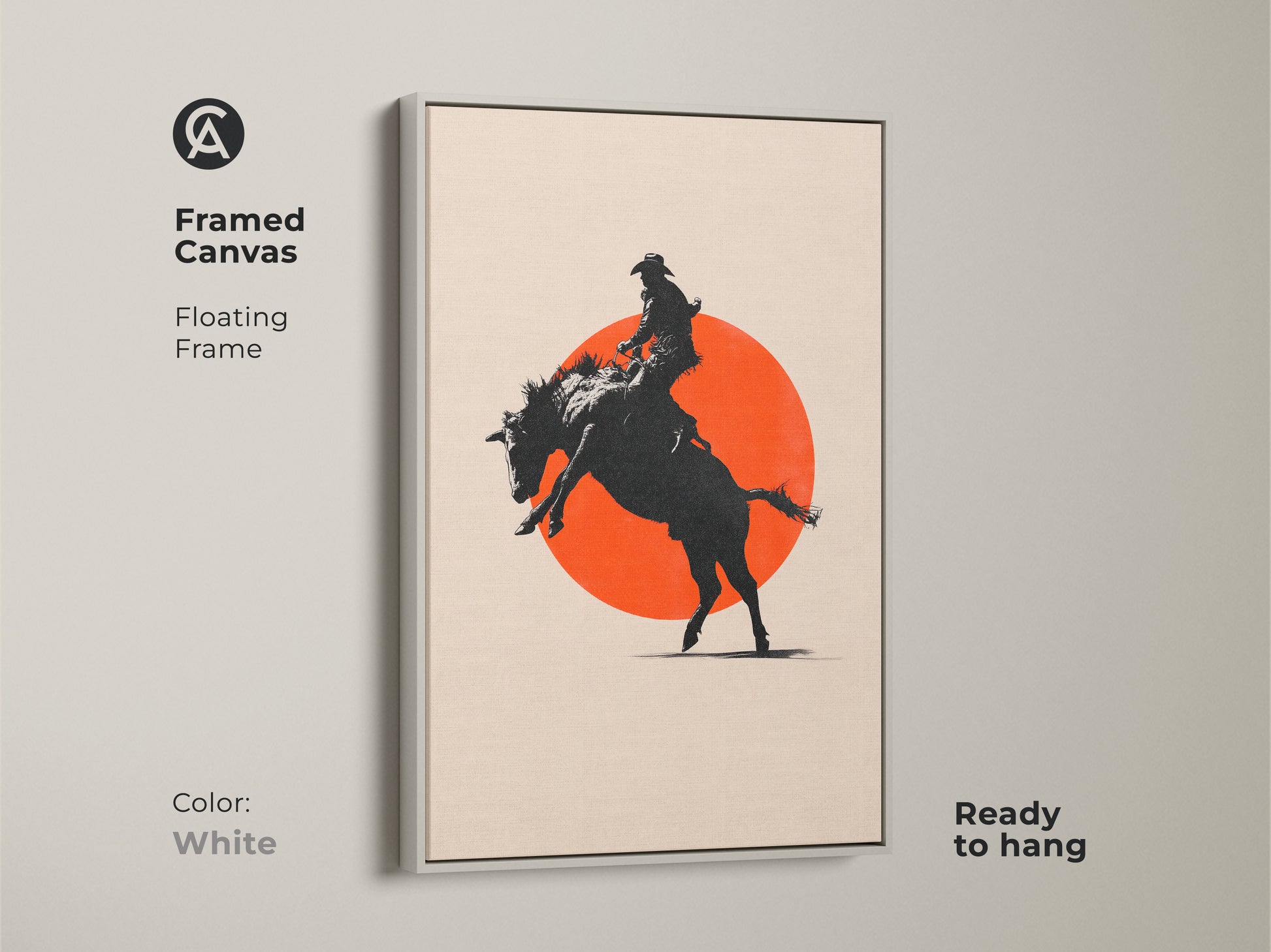 A framed canvas art print of a cowboy riding a bucking horse. The white floating frame is ready to hang. This minimalist western art suits any space. Perfect for a modern farmhouse or man cave.