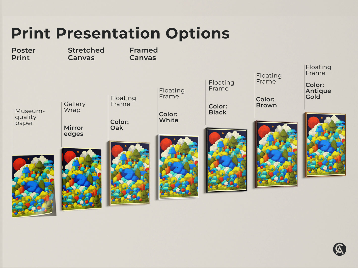 Sizing guide for whimsical houses art. Sizes range from small to large. Vertical orientation artwork available in canvas and poster. Choose the perfect size for your space. Available in many sizes.