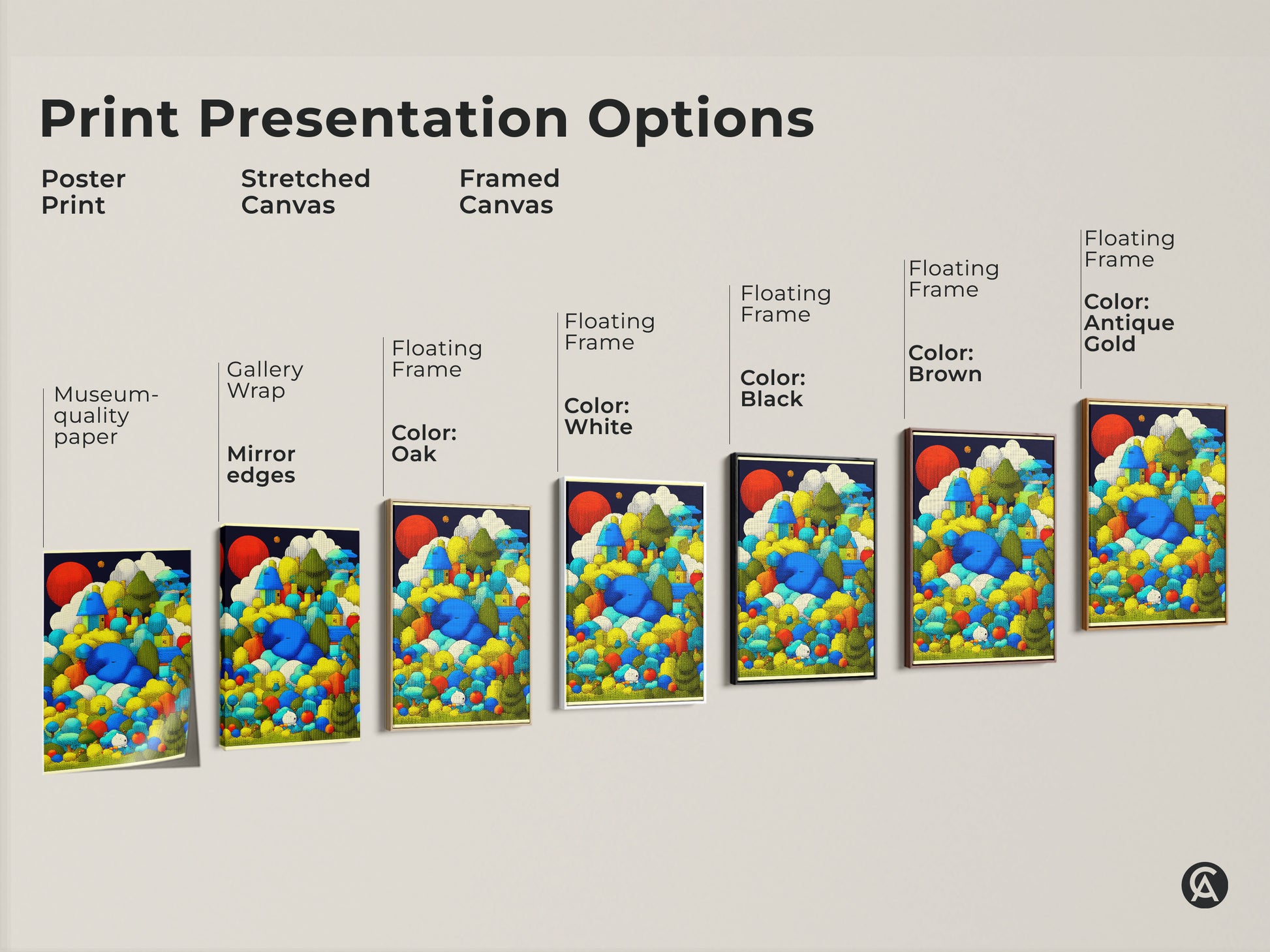 Sizing guide for whimsical houses art. Sizes range from small to large. Vertical orientation artwork available in canvas and poster. Choose the perfect size for your space. Available in many sizes.
