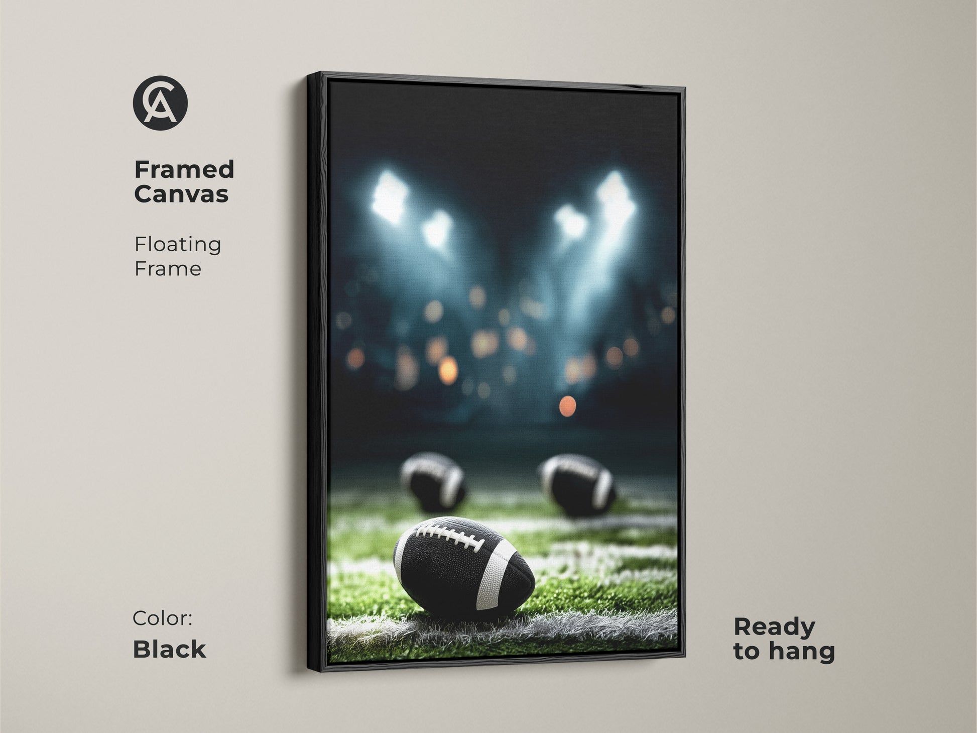 Black Framed Canvas of a realistic American Football night game. The floating frame enhances the sports artwork. Ready to hang and perfect for man cave decor. This stadium lights art is a great gift for football fans. The dark moody canvas adds a touch of athletic style to any room. Ideal for game day home decor.