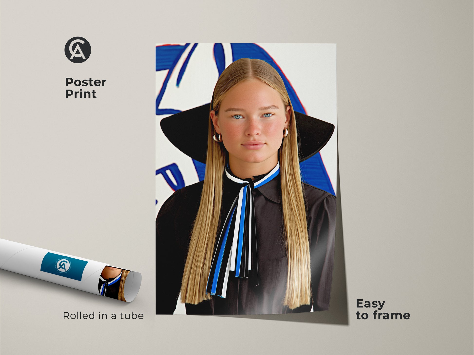 Poster Print featuring a contemporary abstract woman. This modern artwork boasts blue white and black shades. It is an easy-to-frame pop art woman print. Perfect for adding chic fashion to any room. This artistic canvas print makes a great gift for art enthusiasts.