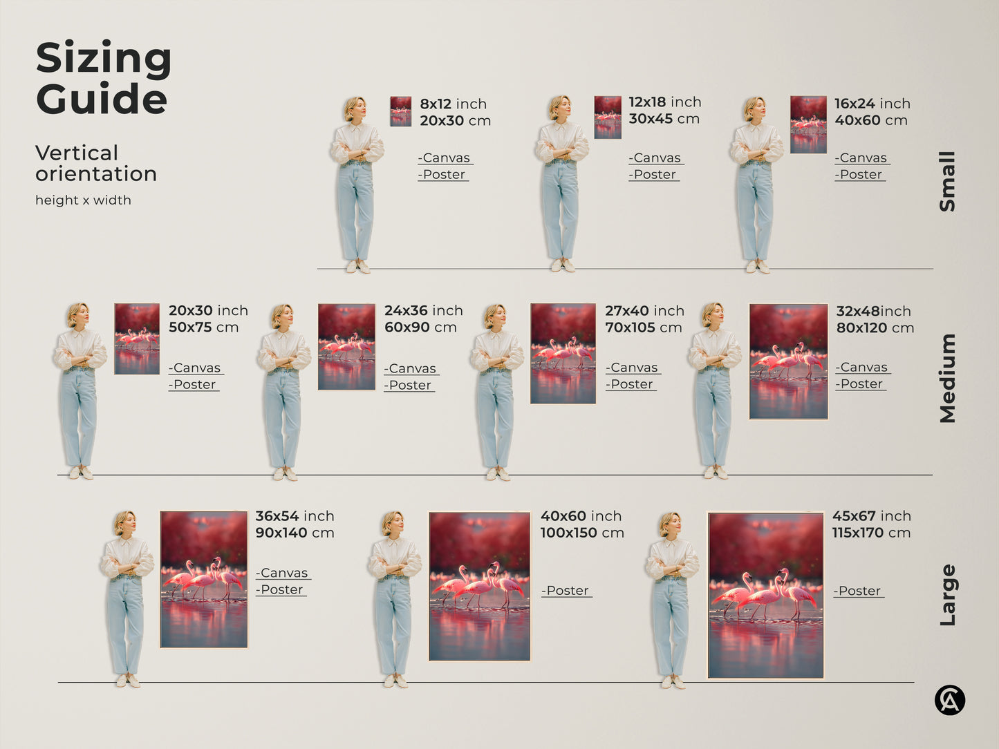 Sizing guide for flamingo artwork vertical orientation. Available in small medium and large sizes. Canvas and poster options for each size. Perfect for coastal beach house decor. Find the ideal fit for your space. Rose coral tones bring elegance to any room. This wildlife gift is perfect for animal lovers.