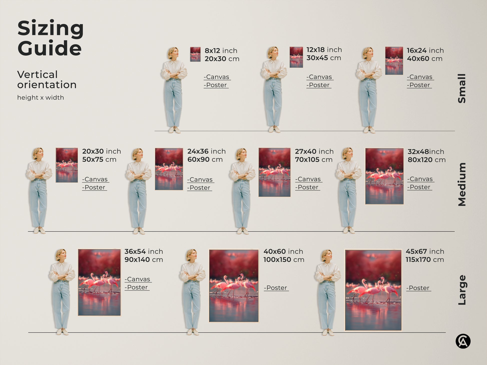Sizing guide for flamingo artwork vertical orientation. Available in small medium and large sizes. Canvas and poster options for each size. Perfect for coastal beach house decor. Find the ideal fit for your space. Rose coral tones bring elegance to any room. This wildlife gift is perfect for animal lovers.