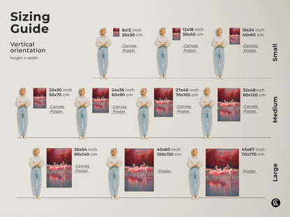 Sizing guide for flamingo artwork vertical orientation. Available in small medium and large sizes. Canvas and poster options for each size. Perfect for coastal beach house decor. Find the ideal fit for your space. Rose coral tones bring elegance to any room. This wildlife gift is perfect for animal lovers.