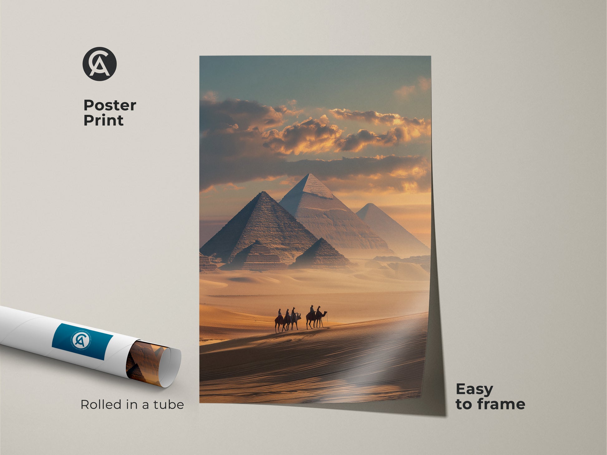This poster print showcases the Egyptian pyramids. A camel caravan moves across the desert. The sandy yellow and teal hues create a warm aesthetic. This desert landscape print is easy to frame. It arrives rolled in a tube. A perfect housewarming gift for history lovers.