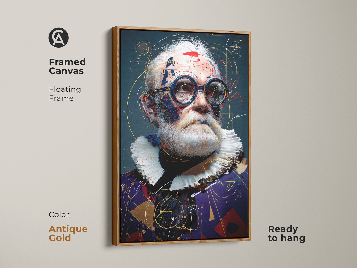 Abstract steampunk portrait with an antique gold frame. This framed canvas is ready to hang adding retro futurism to your space. Perfect eclectic art for a study or creative workspace.