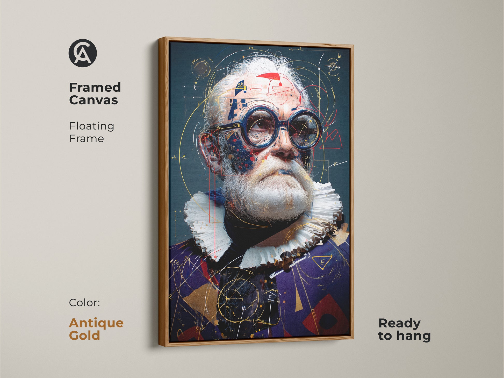 Abstract steampunk portrait with an antique gold frame. This framed canvas is ready to hang adding retro futurism to your space. Perfect eclectic art for a study or creative workspace.