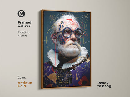 Abstract steampunk portrait with an antique gold frame. This framed canvas is ready to hang adding retro futurism to your space. Perfect eclectic art for a study or creative workspace.