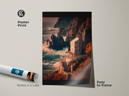 This poster print of a coastal stone house is perfect for framing. The artwork features rocky cliffs and a deep blue ocean. It is a great housewarming gift for nautical art lovers.