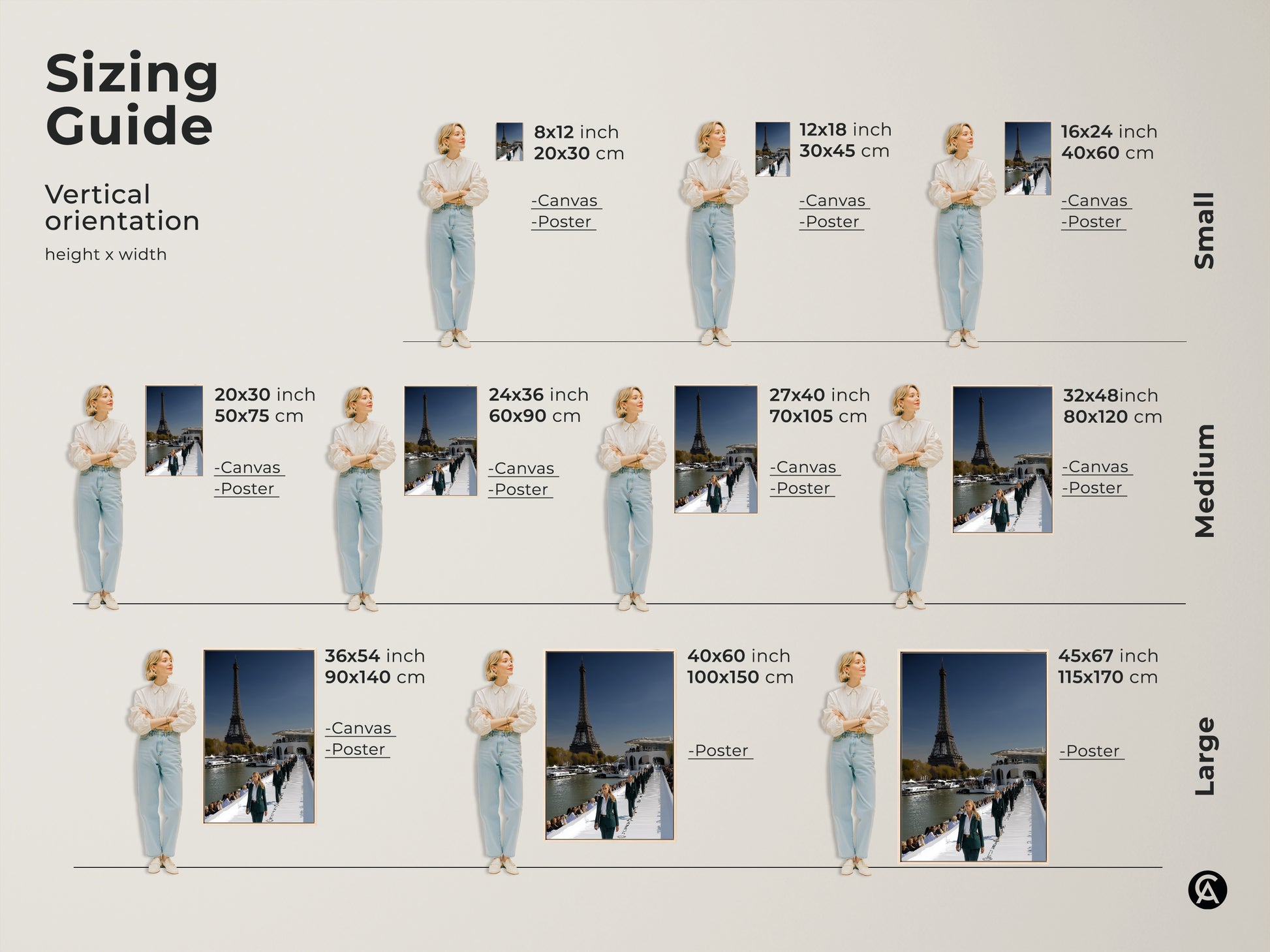 Sizing guide for vertical orientation art prints. Sizes include 8x12 inch 12x18 inch and 16x24 inch. Options for canvas and poster prints. Medium sizes are 20x30 inch 24x36 inch and 27x40 inch. Large sizes are 36x54 inch 40x60 inch and 45x67 inch.