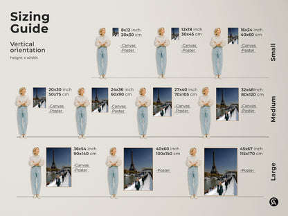 Sizing guide for vertical orientation art prints. Sizes include 8x12 inch 12x18 inch and 16x24 inch. Options for canvas and poster prints. Medium sizes are 20x30 inch 24x36 inch and 27x40 inch. Large sizes are 36x54 inch 40x60 inch and 45x67 inch.