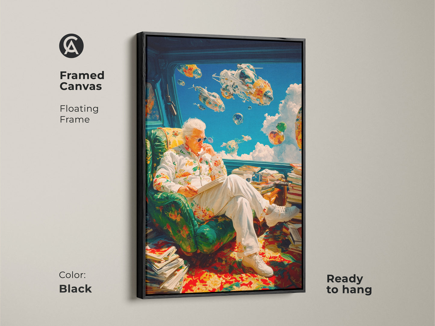 Framed canvas artwork featuring a man reading a book. Spaceships float outside the window. This piece has a black floating frame and is ready to hang. Enhance your home decor with this unique art piece. Perfect for any room.
