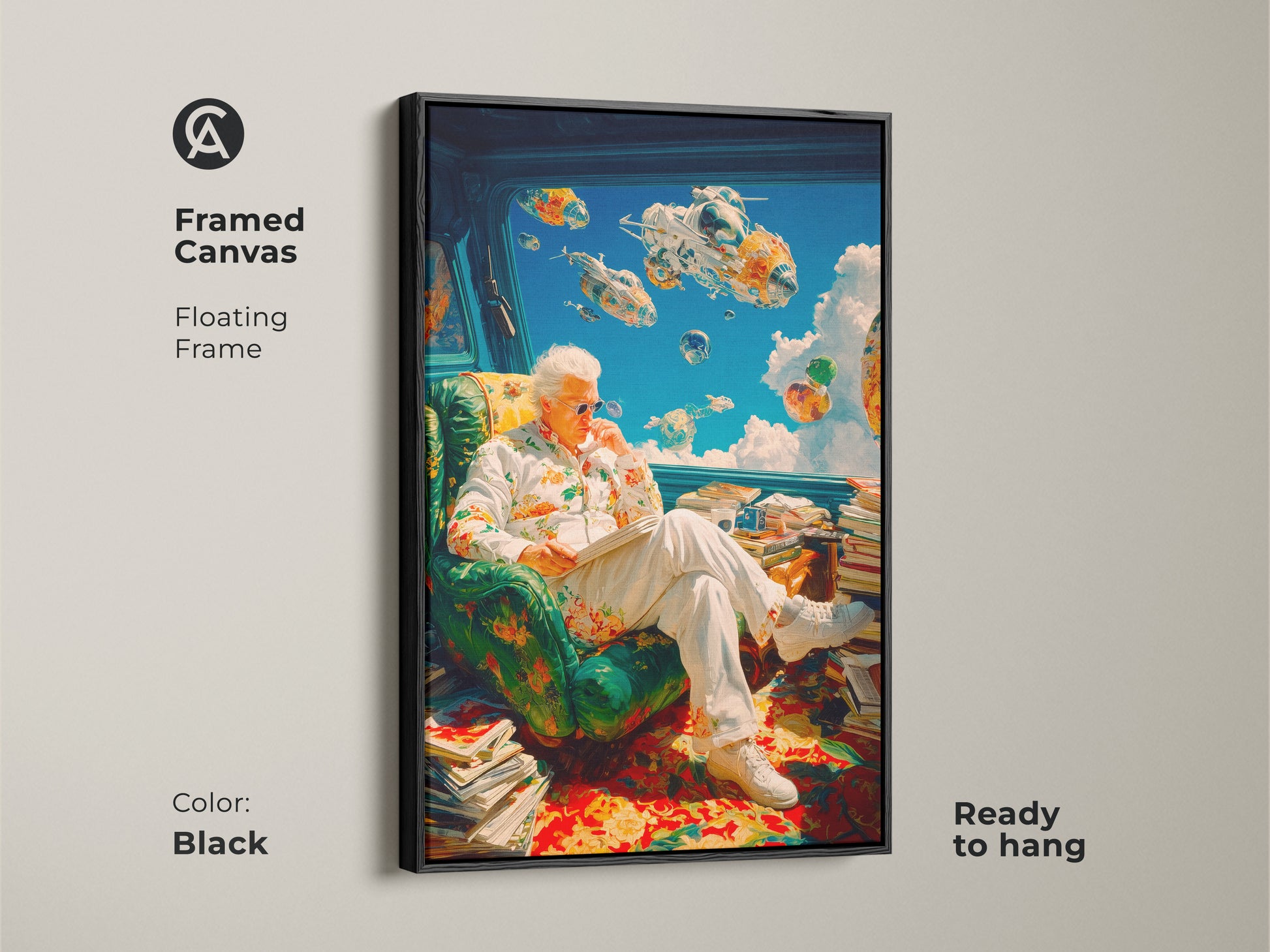 Framed canvas artwork featuring a man reading a book. Spaceships float outside the window. This piece has a black floating frame and is ready to hang. Enhance your home decor with this unique art piece. Perfect for any room.