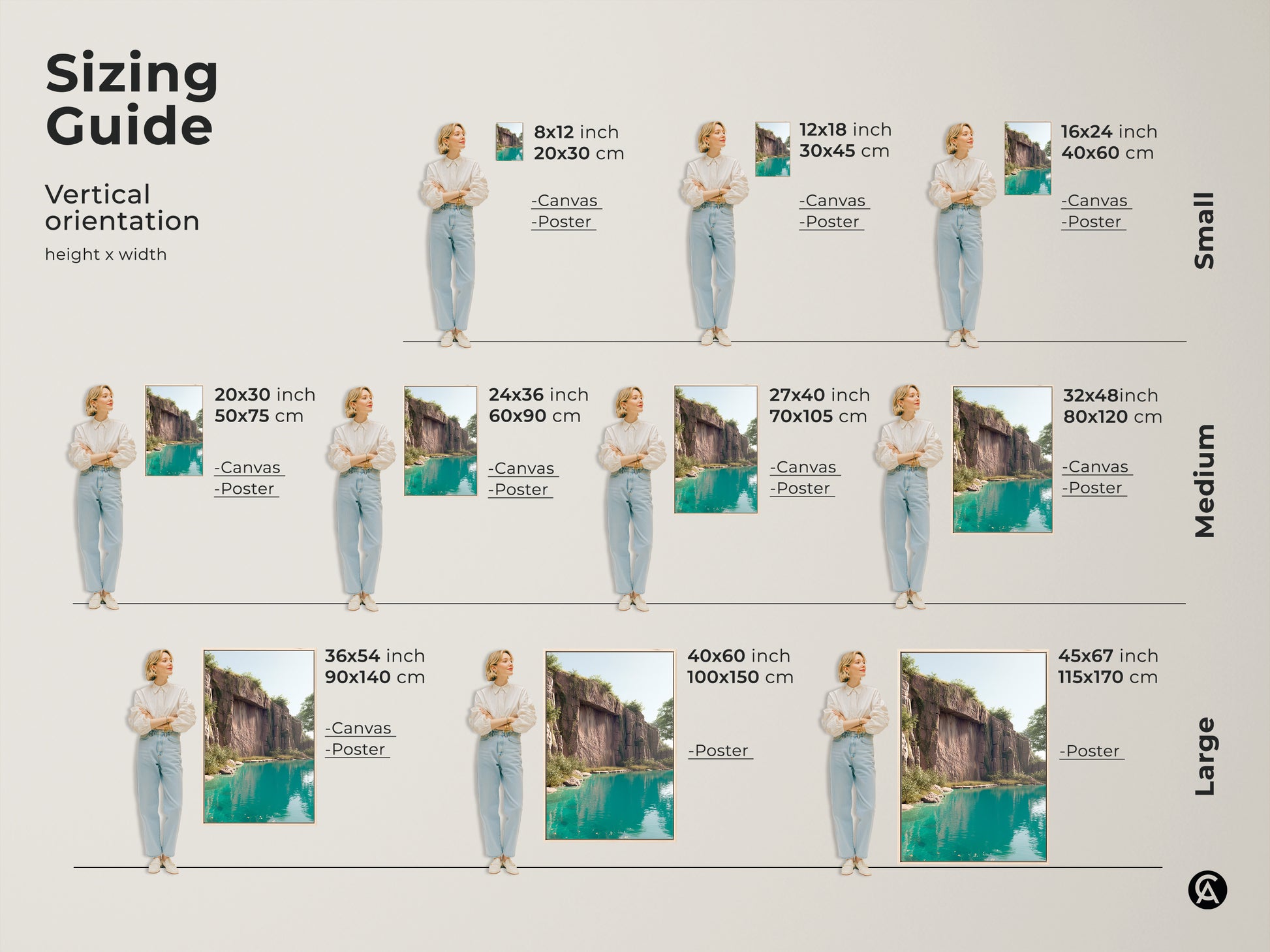 Sizing guide for vertical orientation cliff face teal lake art. Available in small medium and large sizes. Options include canvas and poster prints. Find the perfect fit for your space. Transform your walls with turquoise water nature landscape canvas artwork.