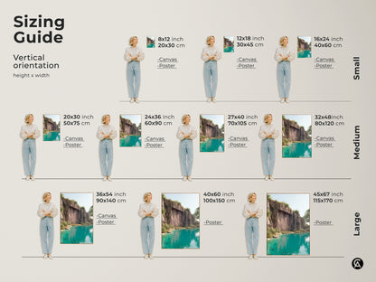Sizing guide for vertical orientation cliff face teal lake art. Available in small medium and large sizes. Options include canvas and poster prints. Find the perfect fit for your space. Transform your walls with turquoise water nature landscape canvas artwork.