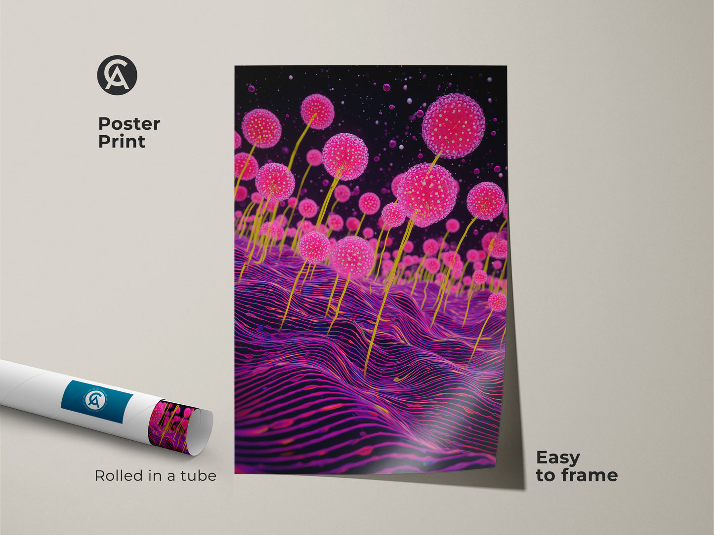 Poster print of fantasy plant decor with surreal pink fungi and a wavy purple background. The abstract wall hanging is easy to frame. It blends sci-fi and fantasy elements. This art would be a perfect gift for the plant lover. Rolled in a tube for shipping.
