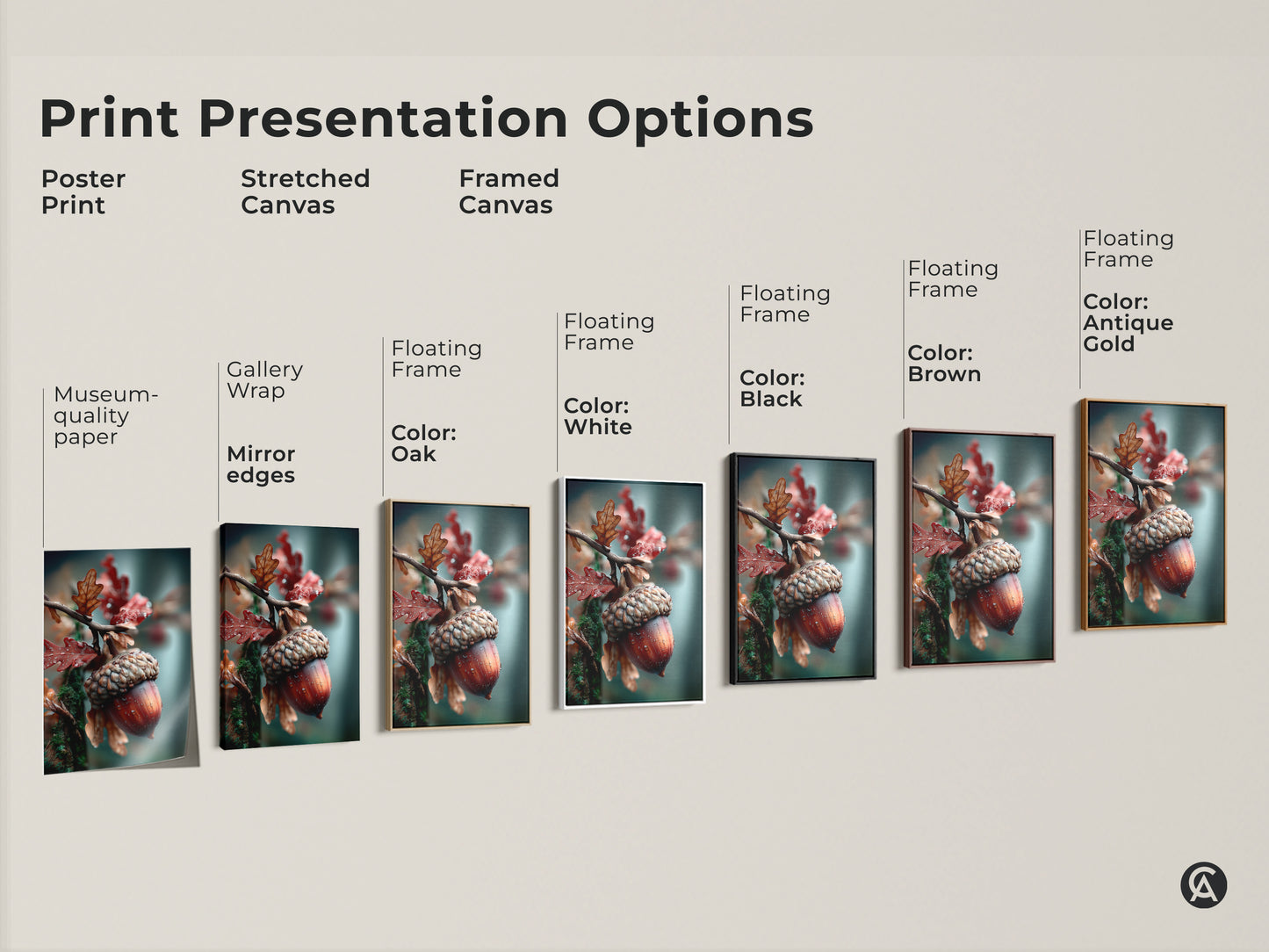Explore print presentation options for acorn and oak leaf art. Choose from poster prints to stretched canvas. Consider framed canvas with floating frames in various colors. Find the perfect style for your home decor.
