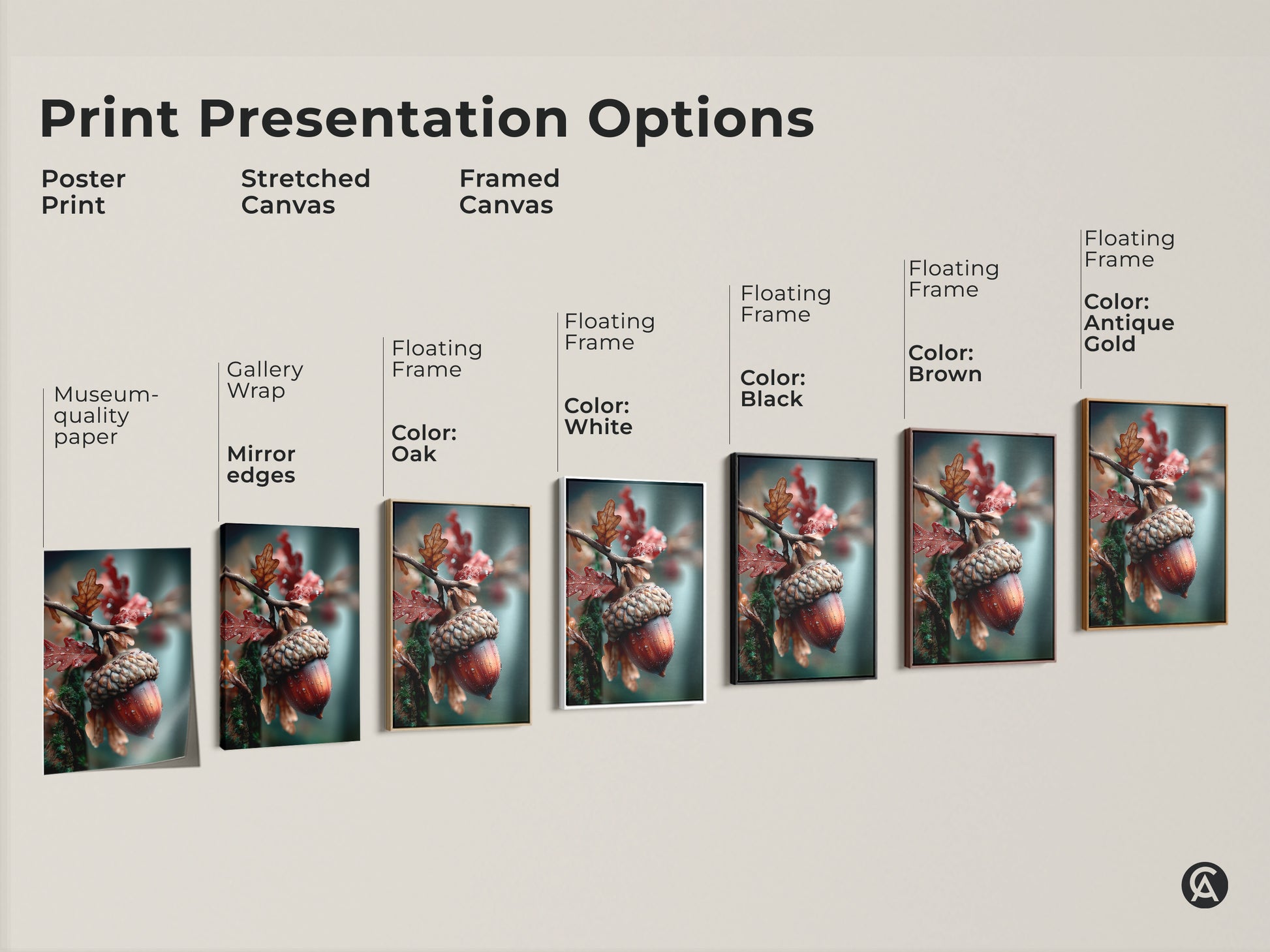 Explore print presentation options for acorn and oak leaf art. Choose from poster prints to stretched canvas. Consider framed canvas with floating frames in various colors. Find the perfect style for your home decor.