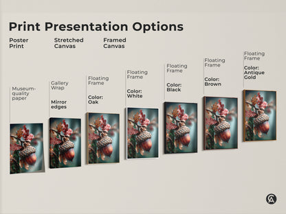 Explore print presentation options for acorn and oak leaf art. Choose from poster prints to stretched canvas. Consider framed canvas with floating frames in various colors. Find the perfect style for your home decor.
