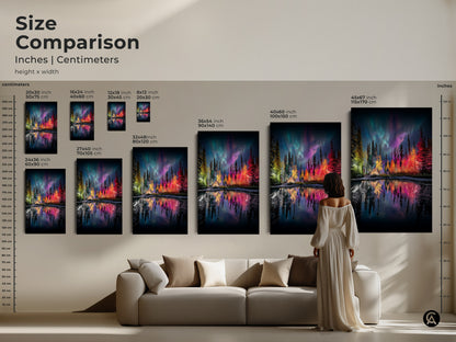 Compare sizes of this Aurora Borealis canvas art to find the perfect fit. See how the teal green and purple landscape decor looks in various dimensions. Ranging from small to large this northern lights forest print enhances any room. Transform your space with this adventure travel artwork.