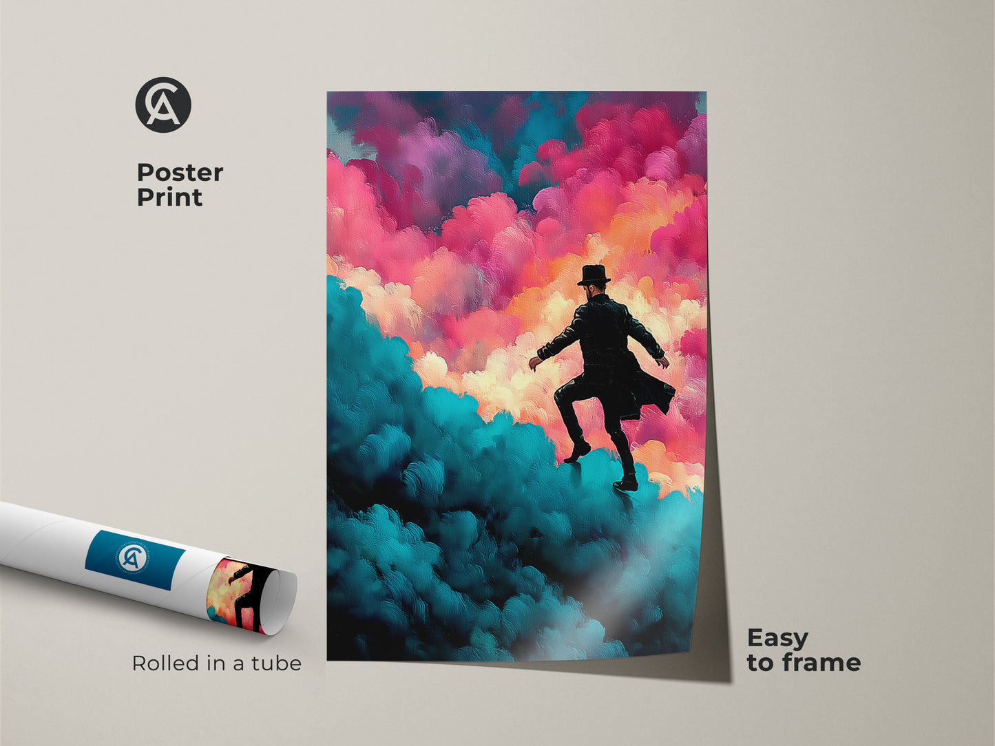 This poster print showcases surreal art of a man in a hat. The artwork is of him ascending expressive clouds. The color palette is teal magenta and pink. This figurative wall art print is easy to frame. It’s perfect for unique home decor.