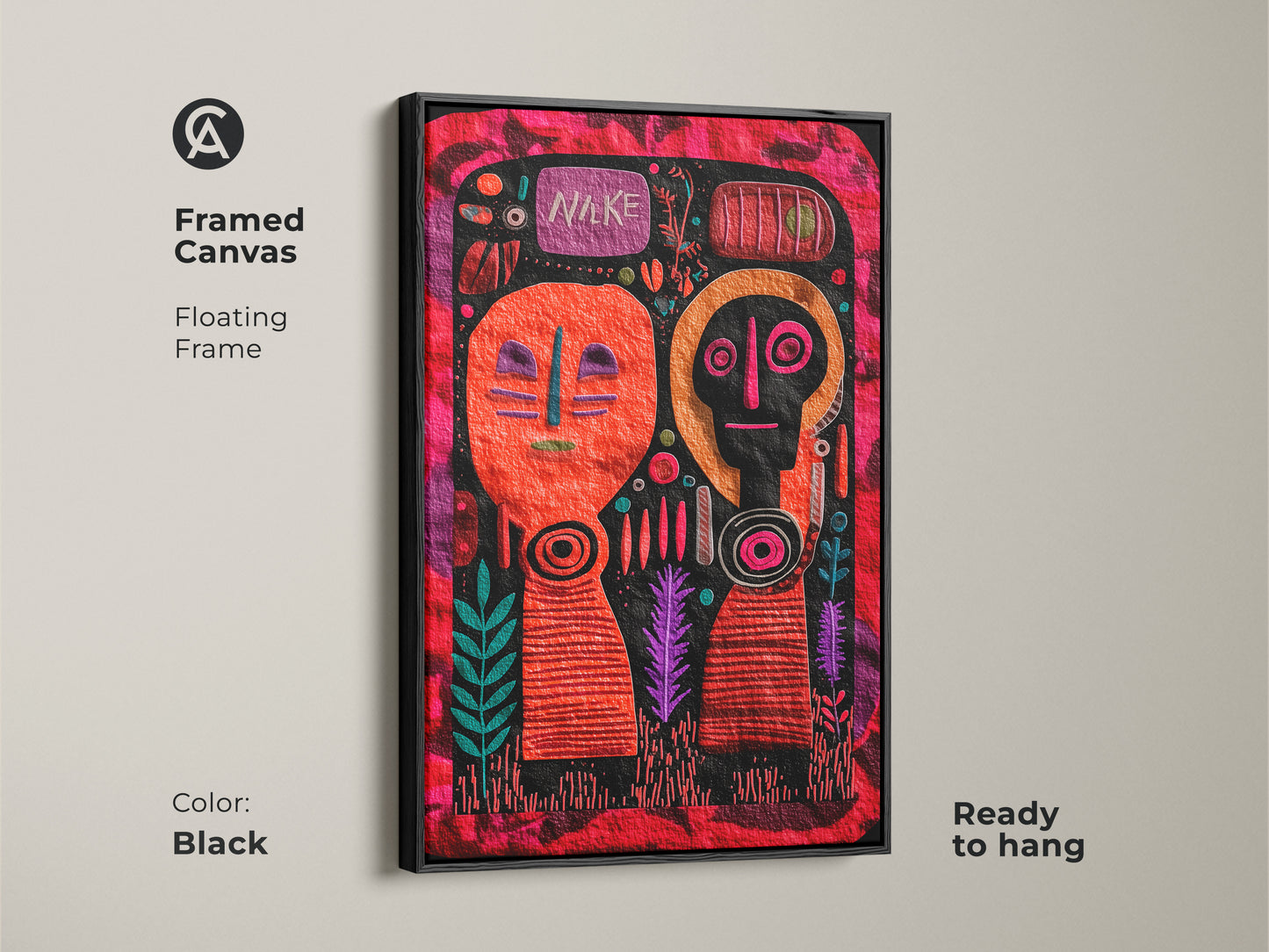 Framed Canvas Print of Folk Art with abstract faces. Floating frame in black ready to hang. The artwork has an orange red and magenta color palette. This piece adds a distinctive eclectic touch. Perfect as a housewarming gift or for art enthusiasts. Naïve art enhances any space with its unique style.