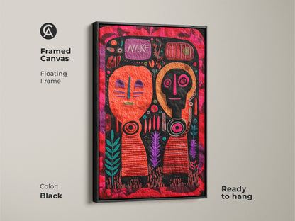 Framed Canvas Print of Folk Art with abstract faces. Floating frame in black ready to hang. The artwork has an orange red and magenta color palette. This piece adds a distinctive eclectic touch. Perfect as a housewarming gift or for art enthusiasts. Naïve art enhances any space with its unique style.