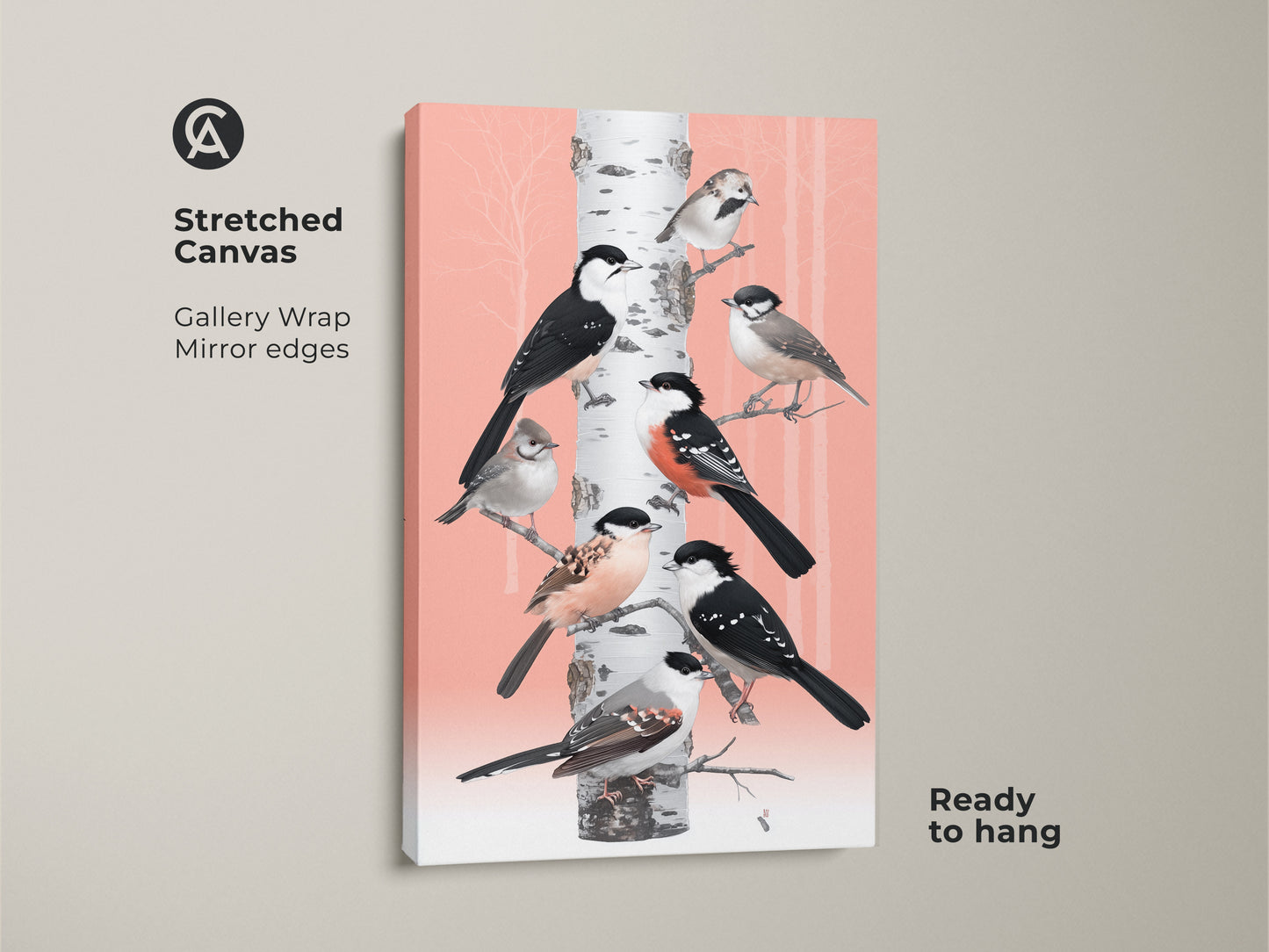 Stretched canvas artwork showcases birds on a birch tree. This gallery-wrapped print features mirror edges and arrives ready to hang. The Scandinavian folk art animals and soft coral pink hues create a nature-inspired decor. An ideal housewarming present for bird watching enthusiasts. This artwork enhances living spaces with its unique charm.