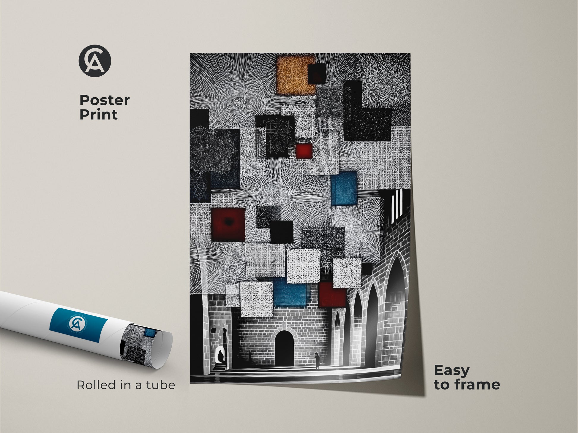 Poster print of an abstract architecture canvas. This modern cityscape features geometric shapes and blue red gold accents. Easy to frame and perfect for contemporary abstract decor.