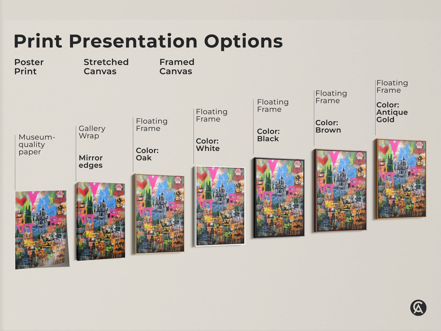 Explore print presentation options for graffiti cityscape art. Choose from poster stretched or framed canvases. Options include museum-quality paper gallery wrap and floating frames. Select from black brown white or antique gold frames.