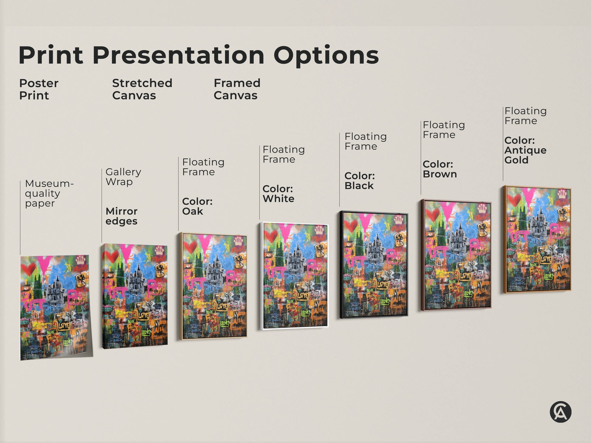 Explore print presentation options for graffiti cityscape art. Choose from poster stretched or framed canvases. Options include museum-quality paper gallery wrap and floating frames. Select from black brown white or antique gold frames.
