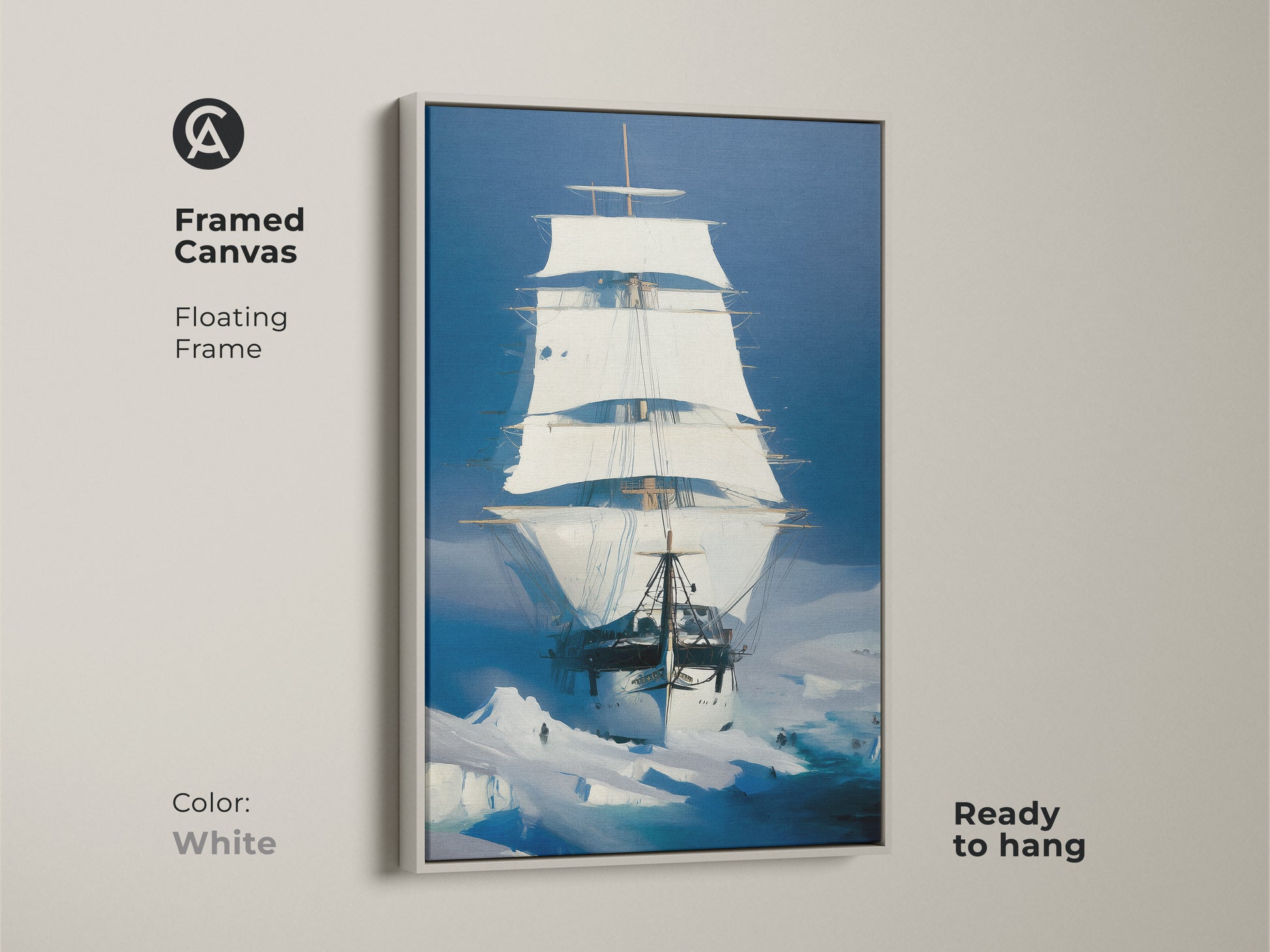 Brighten your space with framed nautical wall art. A tall ship canvas print in a white floating frame features an Arctic Blue iceberg painting. This maritime adventure art adds a touch of historical sailing to any room ready to hang. Ideal housewarming gift for those loving nautical theme