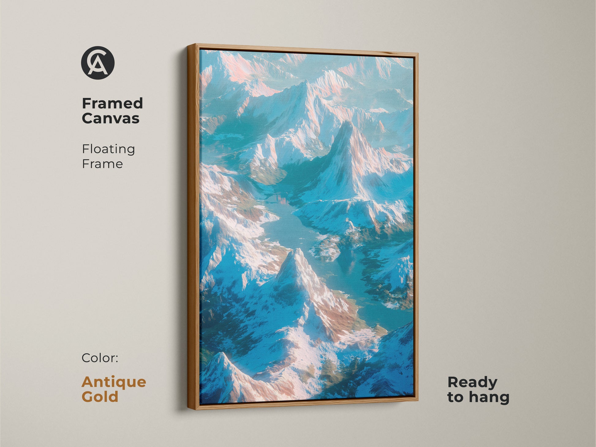 Framed canvas art of a snow-covered mountain landscape. The antique gold floating frame adds a vintage touch. The artwork is ready to hang. The cool blues and whites create a tranquil atmosphere. Ideal for any room.