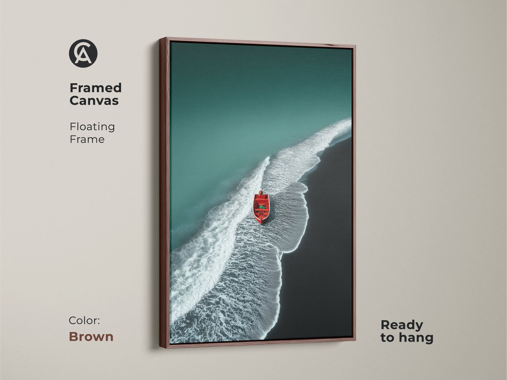 Framed coastal artwork with a floating brown frame. This canvas print shows a teal ocean and dark sand beach. A red boat adds interest to the minimalist seascape. Ideal housewarming gift.