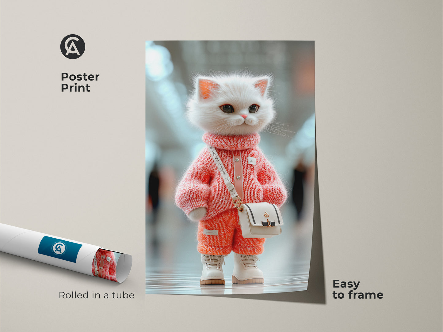 Poster print of a fashionable kitten art piece. The artwork features a white kitten in a pink sweater and orange pants. Rolled in a tube for easy framing this cute animal print is perfect for kids' rooms. Add a touch of whimsy to your decor.