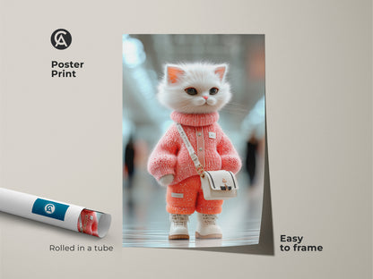 Poster print of a fashionable kitten art piece. The artwork features a white kitten in a pink sweater and orange pants. Rolled in a tube for easy framing this cute animal print is perfect for kids' rooms. Add a touch of whimsy to your decor.