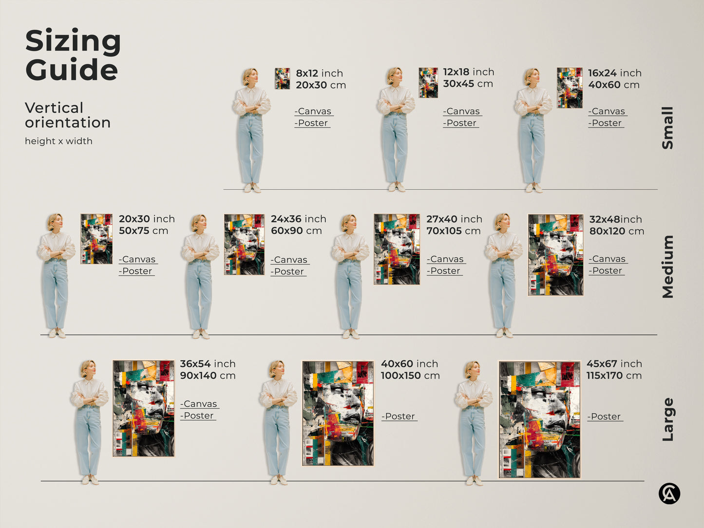 Sizing guide for vertical abstract woman face collage art prints. Available as canvas or poster in small medium and large sizes. Eclectic red teal yellow wall art to enhance your space. Modern mixed media artwork. Find the perfect fit for your bedroom office wall decor. Gift for art lover.