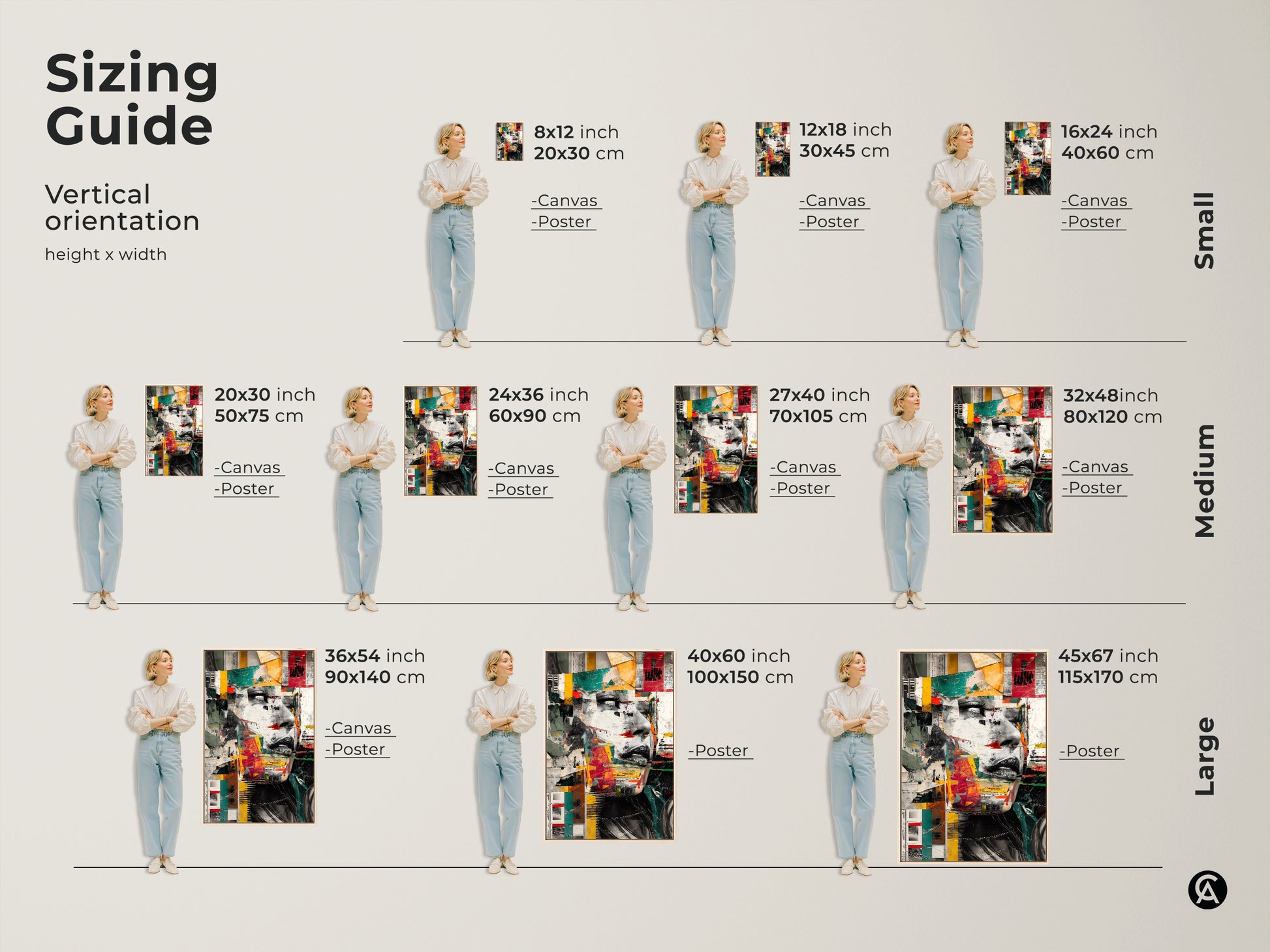 Sizing guide for vertical abstract woman face collage art prints. Available as canvas or poster in small medium and large sizes. Eclectic red teal yellow wall art to enhance your space. Modern mixed media artwork. Find the perfect fit for your bedroom office wall decor. Gift for art lover.