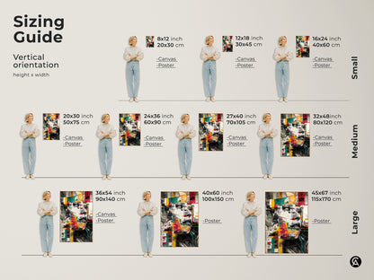 Sizing guide for vertical abstract woman face collage art prints. Available as canvas or poster in small medium and large sizes. Eclectic red teal yellow wall art to enhance your space. Modern mixed media artwork. Find the perfect fit for your bedroom office wall decor. Gift for art lover.