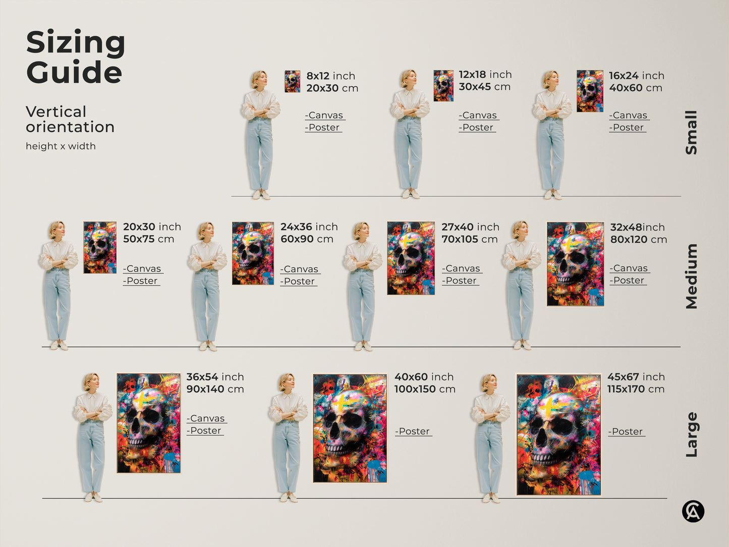 Sizing guide for vertical skull art. Available as canvas or poster prints in small medium and large sizes. Find the perfect fit for your wall. Transform your space with this skull artwork.