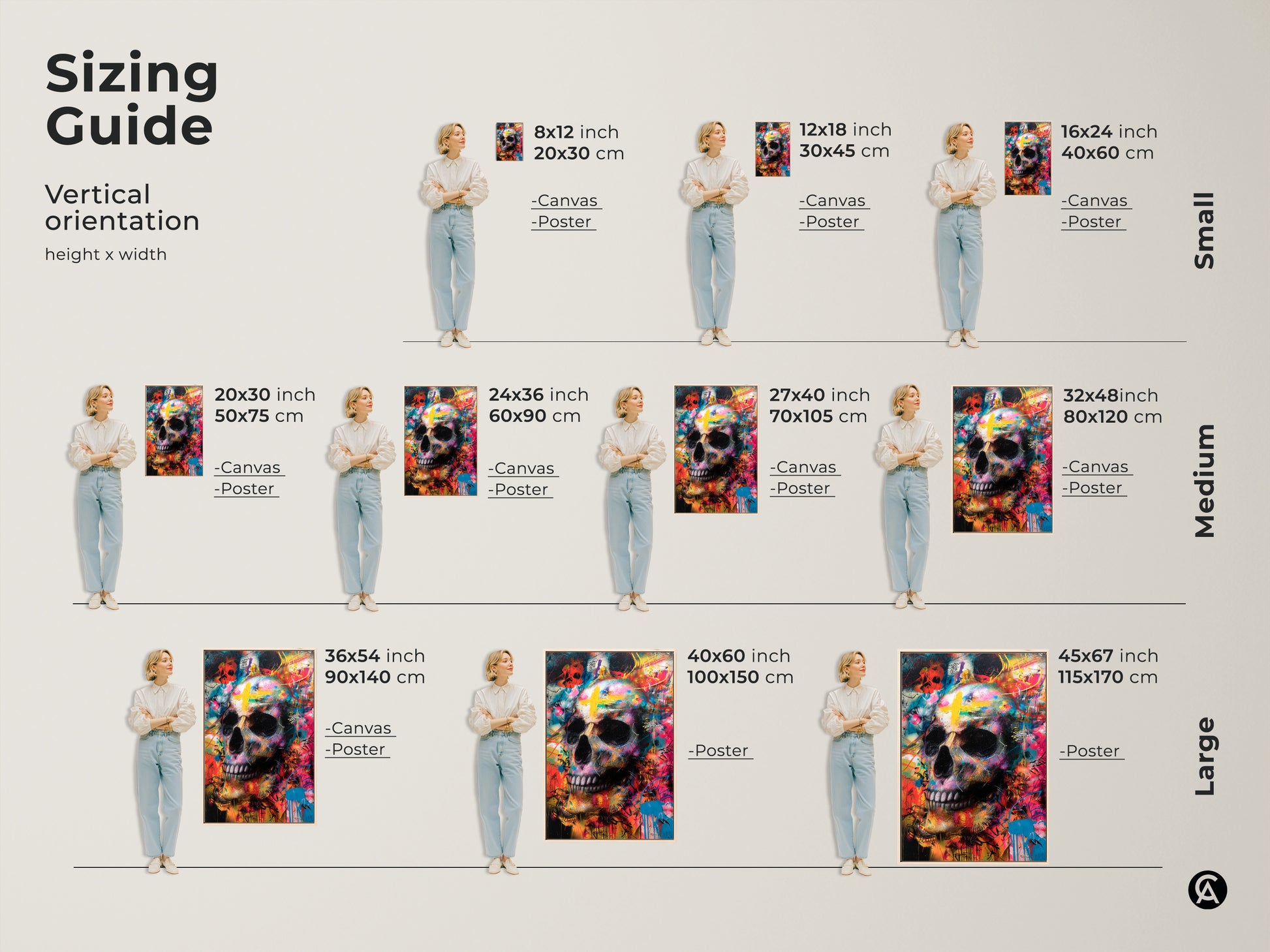 Sizing guide for vertical skull art. Available as canvas or poster prints in small medium and large sizes. Find the perfect fit for your wall. Transform your space with this skull artwork.